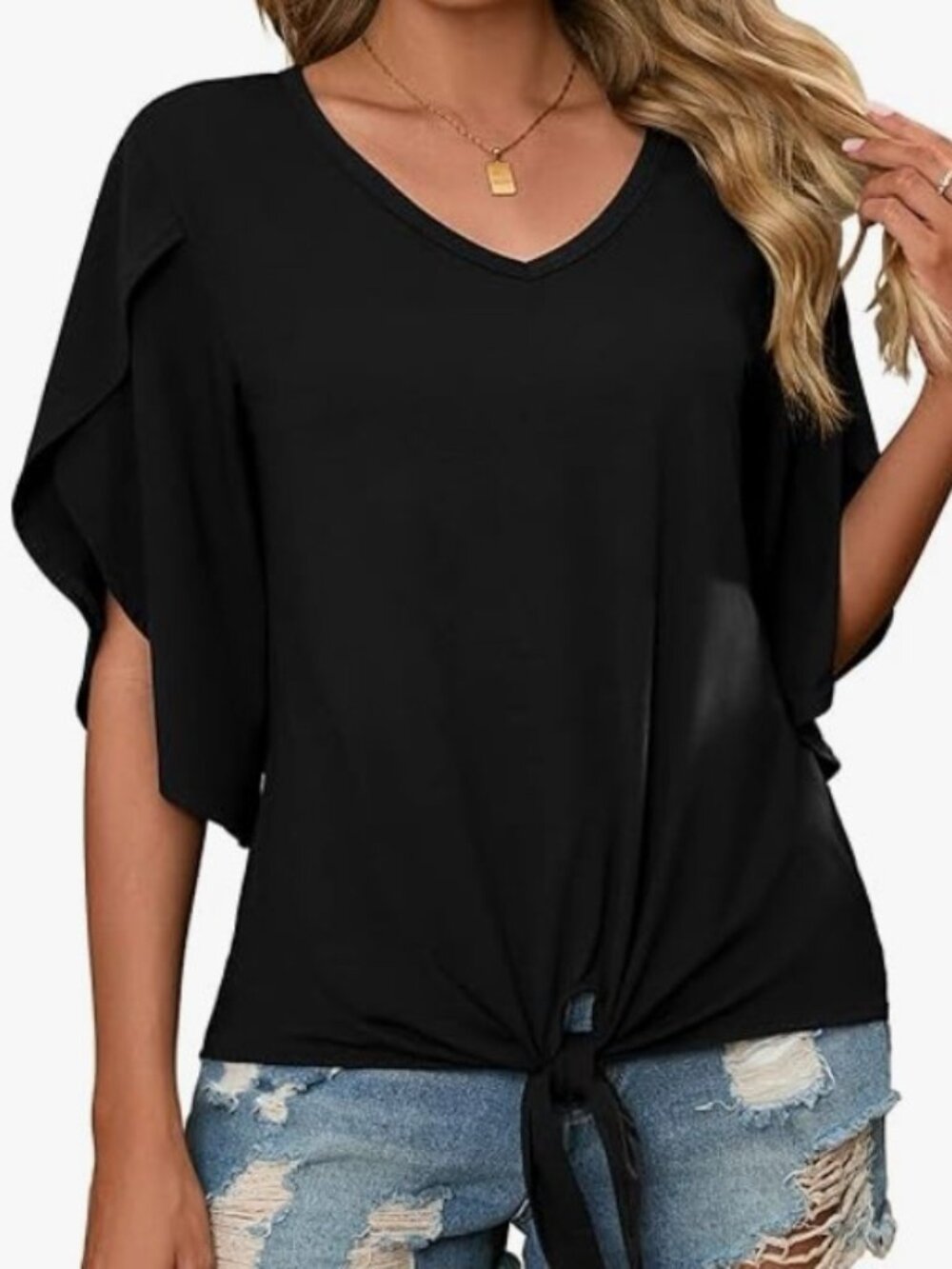 Black Tie Front V Neck 3/4 Split Sleeve Top